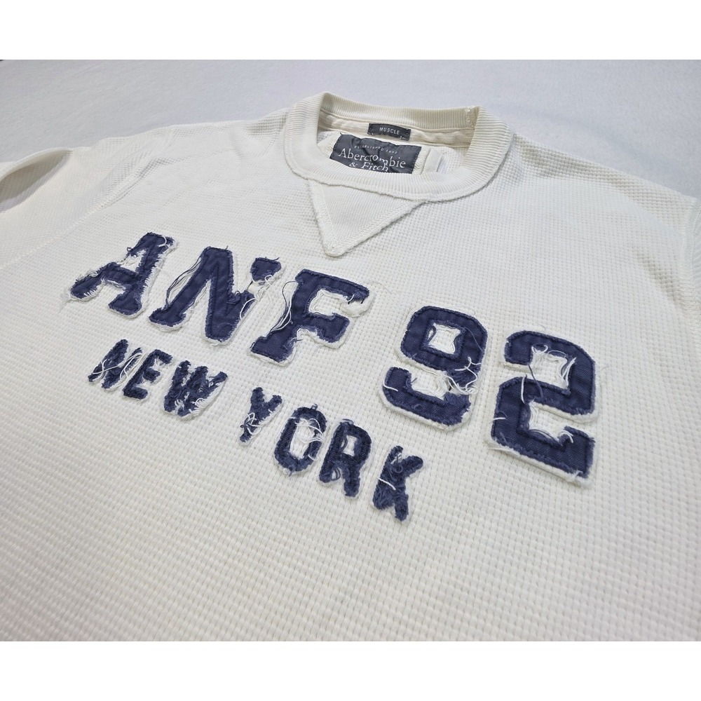 Vintage Abercrombie Fitch Thermal Shirt L Y2K Muscle Fit Waffle Knit Ivory Blue